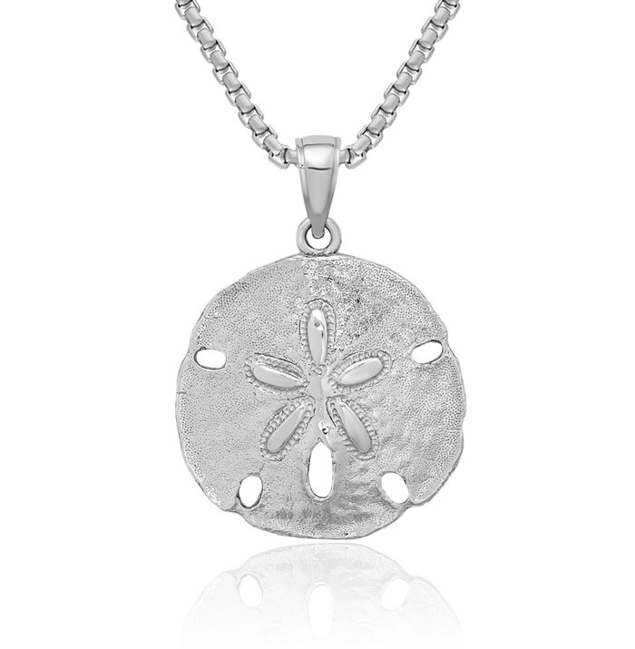 14K Solid White Gold Sand Dollar Sea Star Starfish Necklace Chain Pendant Charm