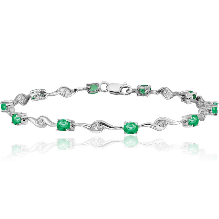 14K Solid White Gold Sapphire Green Emerald Gemstone Tennis Bracelet