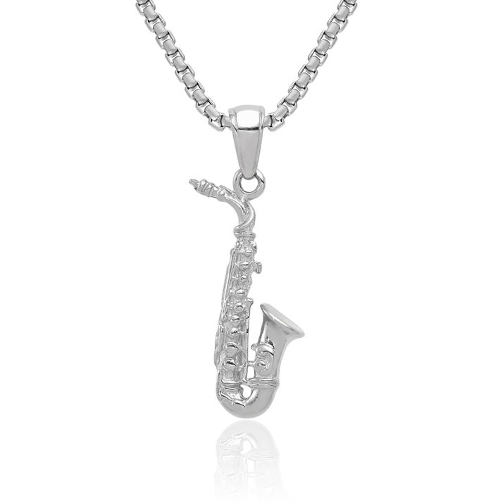 14K Solid White Gold Saxophone Necklace Chain Pendant Charm