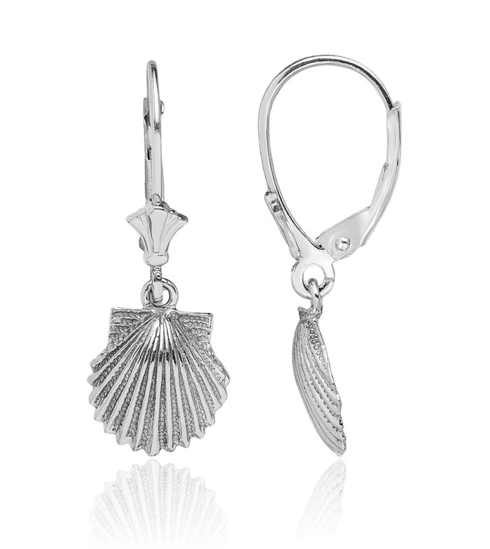 14K Solid White Gold Scallop Shell Drop Dangle Earrings