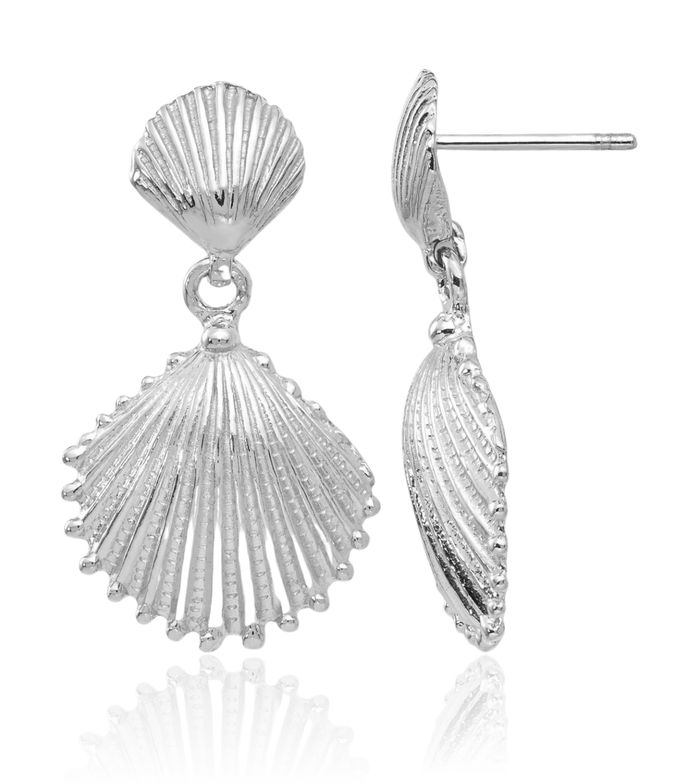 14K Solid White Gold Scallop Shell Drop Dangle Earrings