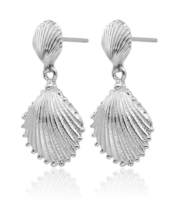 14K Solid White Gold Scallop Shell Drop Dangle Earrings