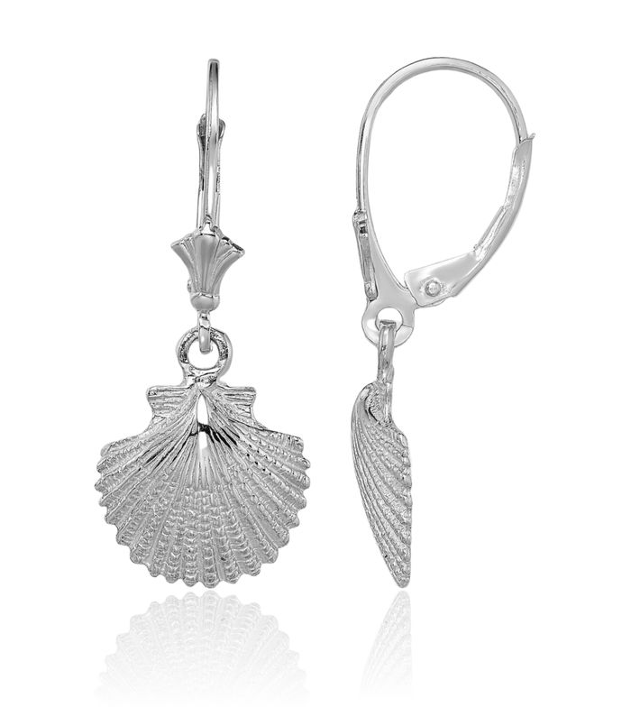 14K Solid White Gold Scallop Shell Drop Dangle Earrings
