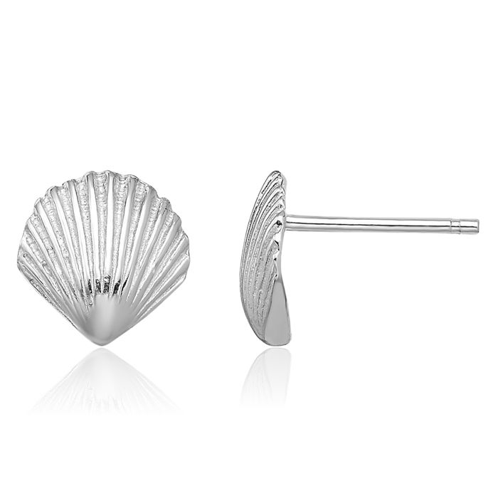 14K Solid White Gold Scallop Shell Stud Earrings