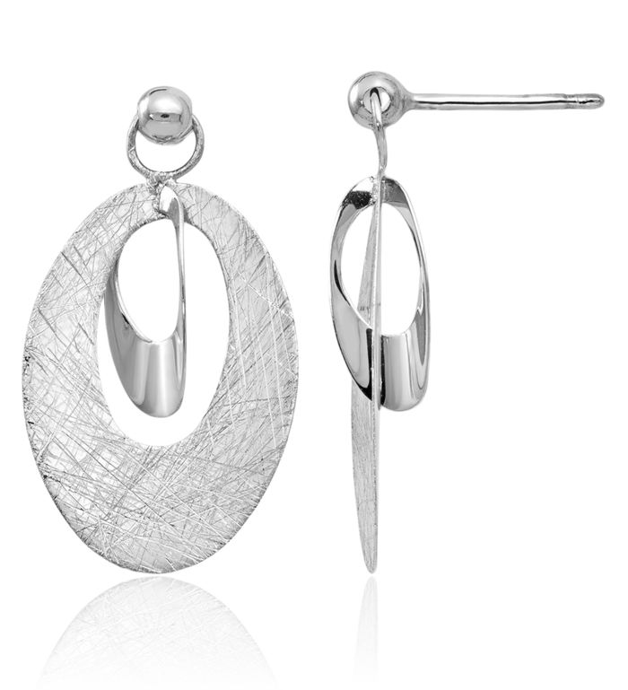 14K Solid White Gold Scratch Oval Reversible Drop Dangle Earrings