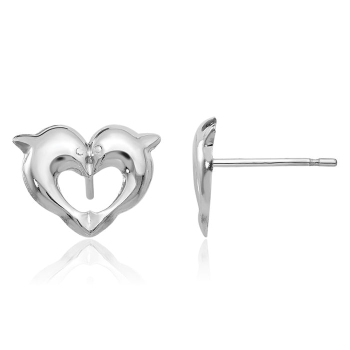 14K Solid White Gold Screw Back Sea Dolphin Ocean Fish Beach Nautical Stud Earrings