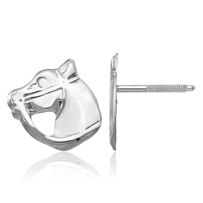 14K Solid White Gold Screw Back Horse Head Studs Animal Lover Earrings Equestrian Jewelry