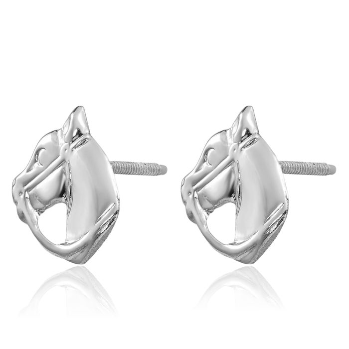 14K Solid White Gold Screw Back Horse Head Studs Animal Lover Earrings Equestrian Jewelry