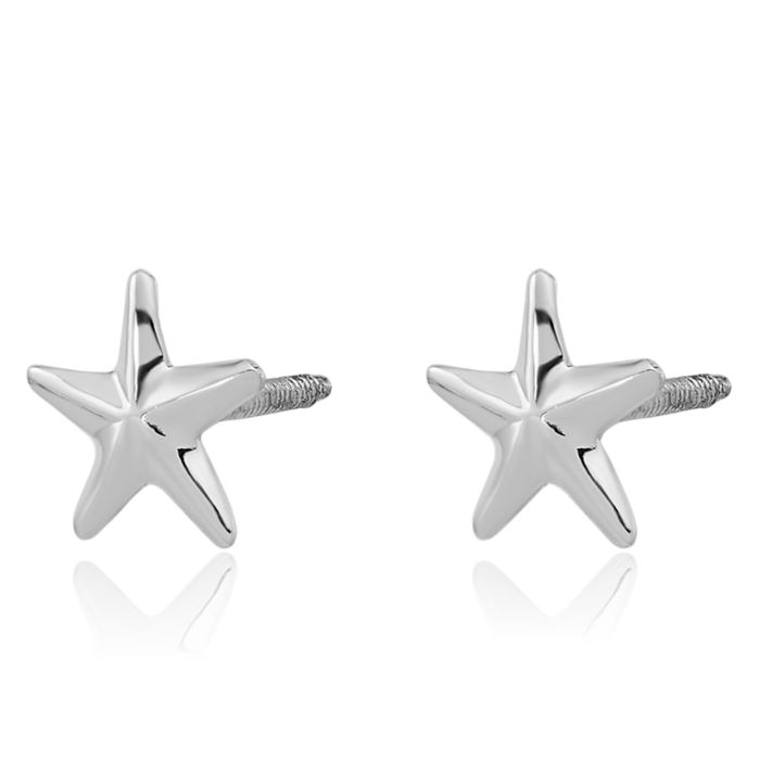 14K Solid White Gold Screw Back Star Stud Earrings