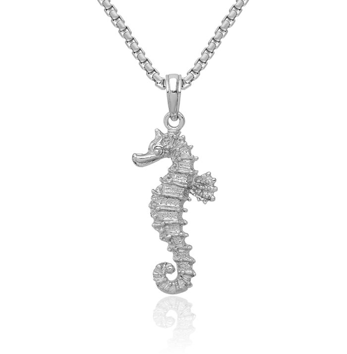 14K Solid White Gold Seahorse Necklace Chain Pendant Charm