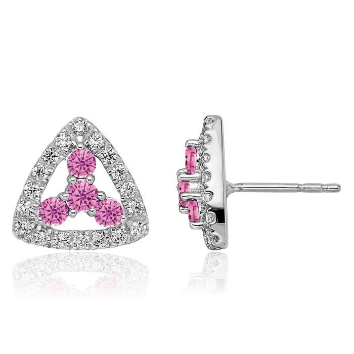 14K Solid White Gold Serenity Lab Diamond Pink Sapphire Trian Studs Gemstone Earrings October Birthstone Jewelry