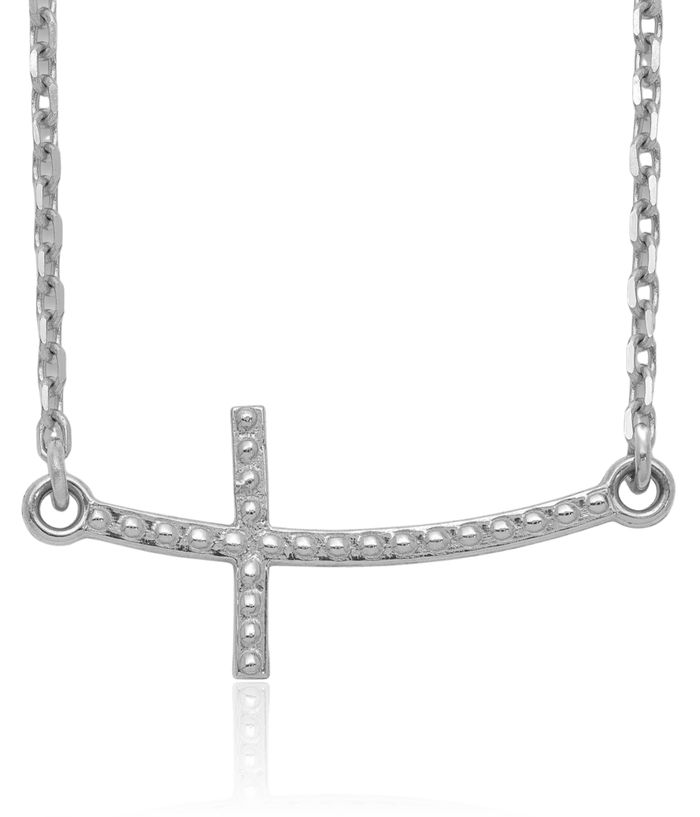 14K Solid White Gold Sideways Holy Cross Chain Necklace