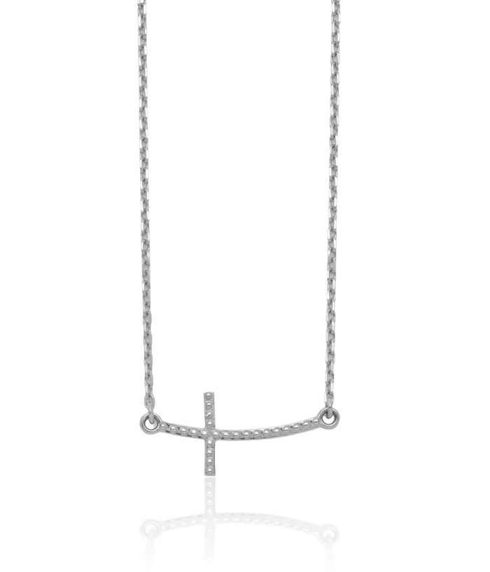 14K Solid White Gold Sideways Holy Cross Chain Necklace