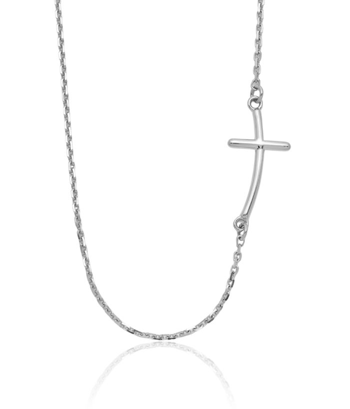 14K Solid White Gold Sideways Holy Cross Chain Necklace