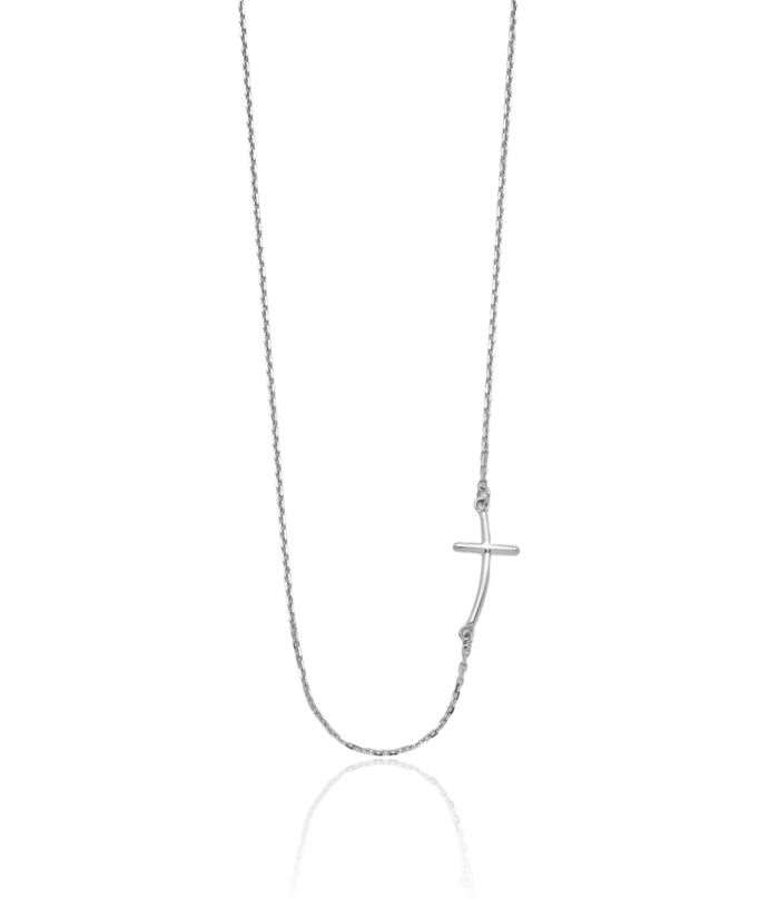 14K Solid White Gold Sideways Holy Cross Chain Necklace