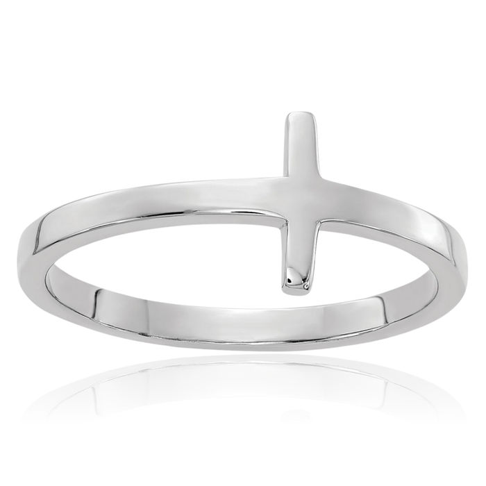 14K Solid White Gold Sideways Holy Cross Ring Christian Religious Band