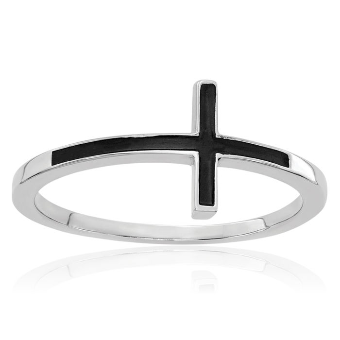 14K Solid White Gold Vintage Sideways Holy Cross Ring Christian Religious Band