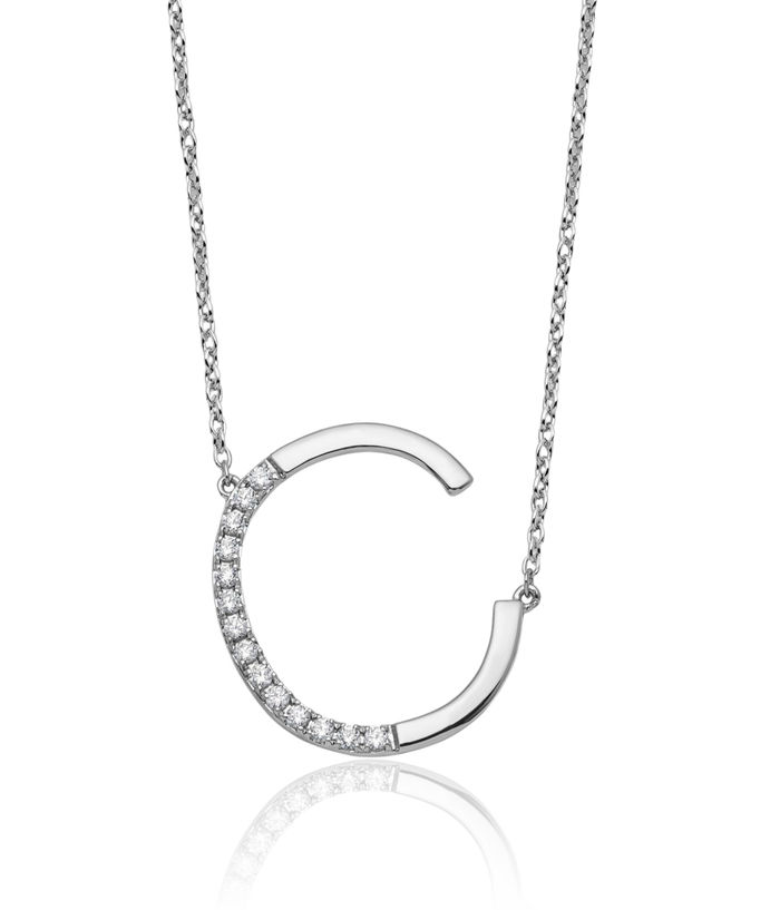 14K Solid White Gold Sideways Diamond Dainty Letter C Initial Name Monogram Chain Necklace