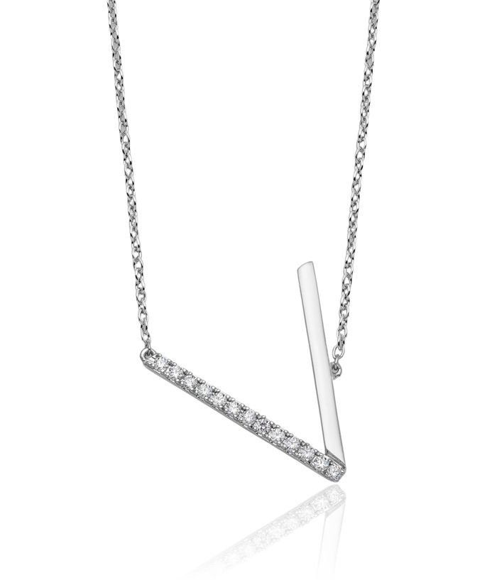 14K Solid White Gold Sideways Diamond Dainty Letter V Initial Name Monogram Chain Necklace