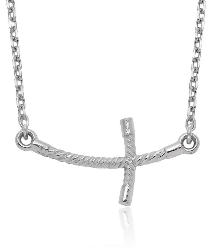 14K Solid White Gold Sideways Twisted Holy Cross Chain Necklace