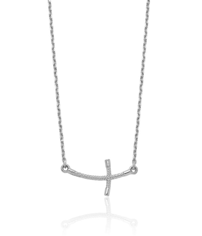 14K Solid White Gold Sideways Twisted Holy Cross Chain Necklace