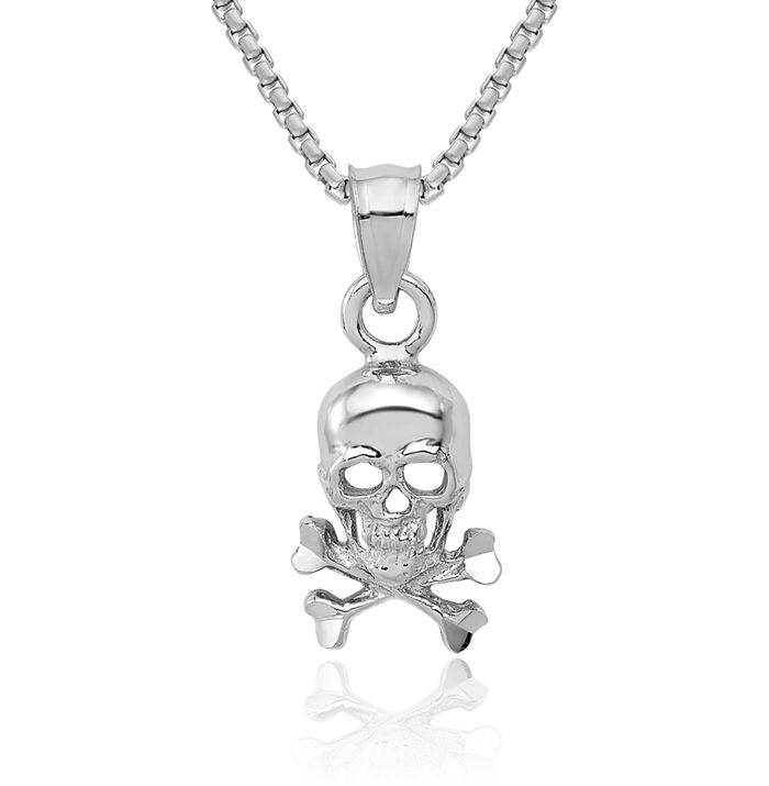 14K Solid White Gold Skull Crossbones Necklace Chain Pendant Charm