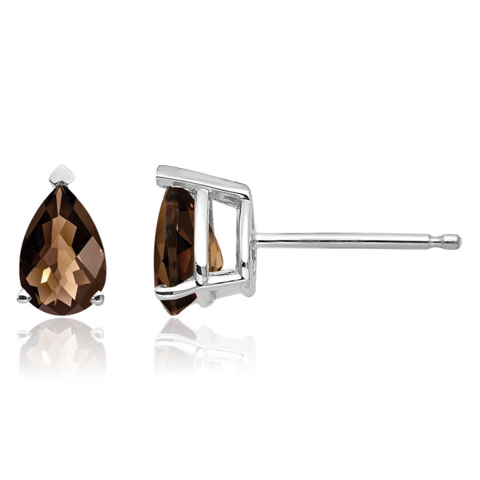 14K Solid White Gold Checker Cut Brown Smoky Quartz Studs Pear Teardrop Gemstone Solitaire Earrings June Birthstone Jewelry