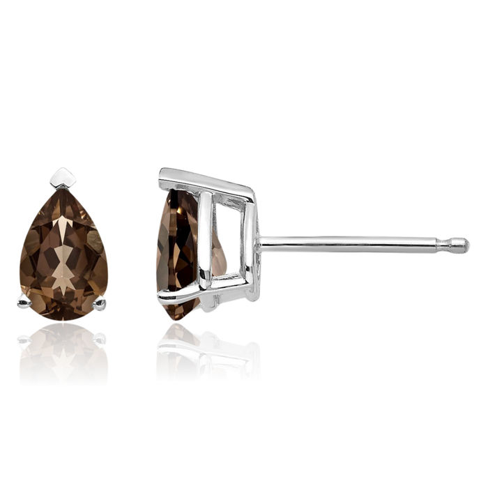 14K Solid White Gold Brown Smoky Quartz Studs Pear Teardrop Gemstone Solitaire Earrings June Birthstone Jewelry