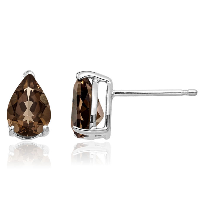 14K Solid White Gold Brown Smoky Quartz Studs Pear Teardrop Gemstone Solitaire Earrings June Birthstone Jewelry