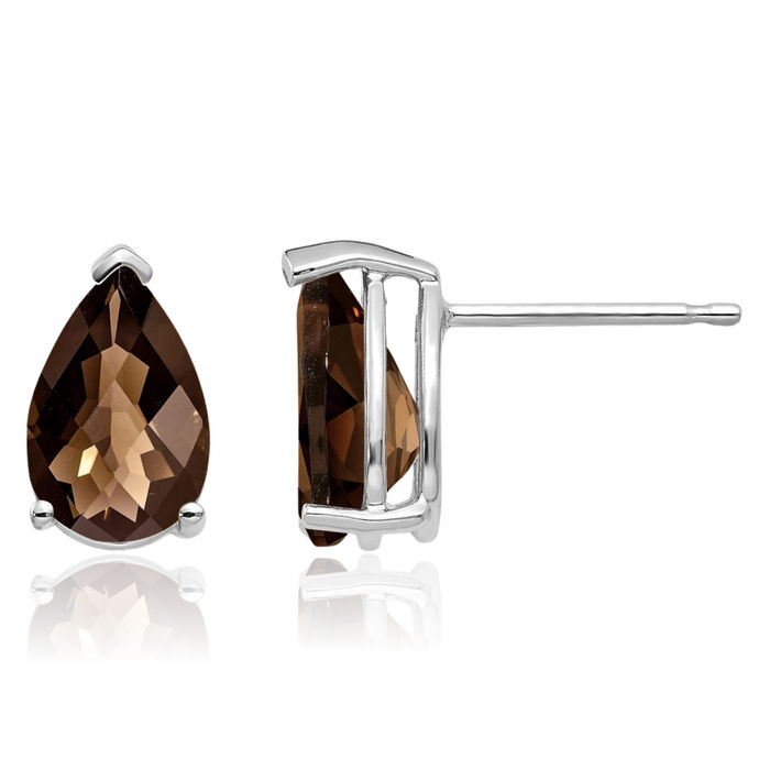 14K Solid White Gold Checker Cut Brown Smoky Quartz Studs Pear Teardrop Gemstone Solitaire Earrings June Birthstone Jewelry