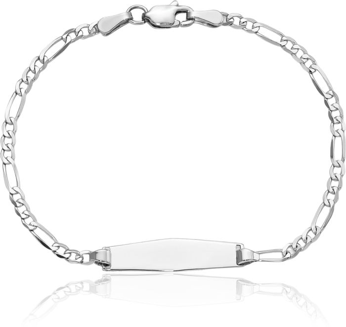 14K Solid White Gold Soft Figaro Link Name Bar Identification ID Bracelet