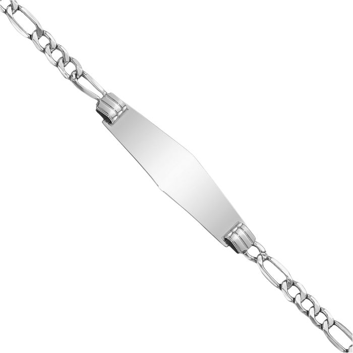 14K Solid White Gold Soft Figaro Link Name Bar Identification ID Bracelet