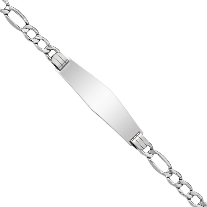 14K Solid White Gold Soft Figaro Link Name Bar Identification ID Bracelet