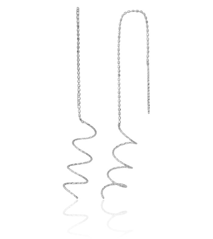 14K Solid White Gold Spiral Threader Drop Dangle Earrings