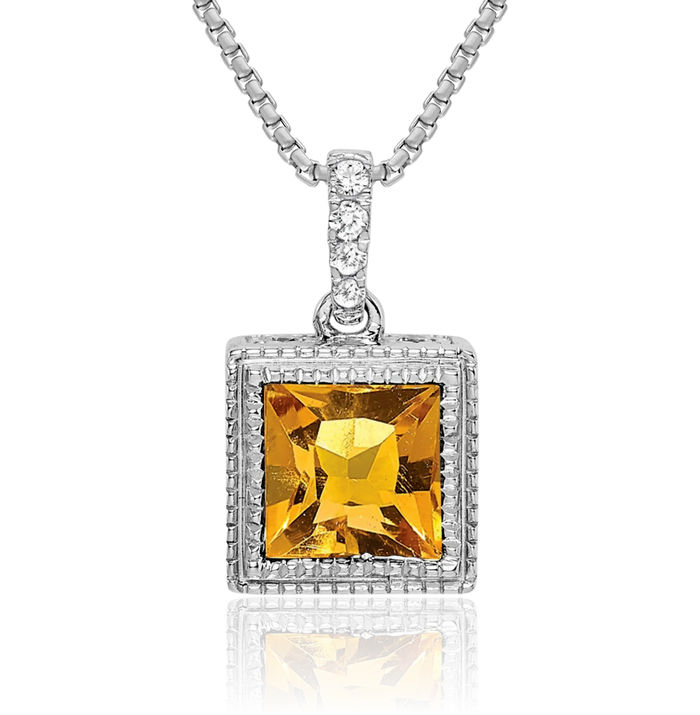 14K Solid White Gold Square Yellow Orange Citrine Diamond Necklace Charm Gemstone Pendant