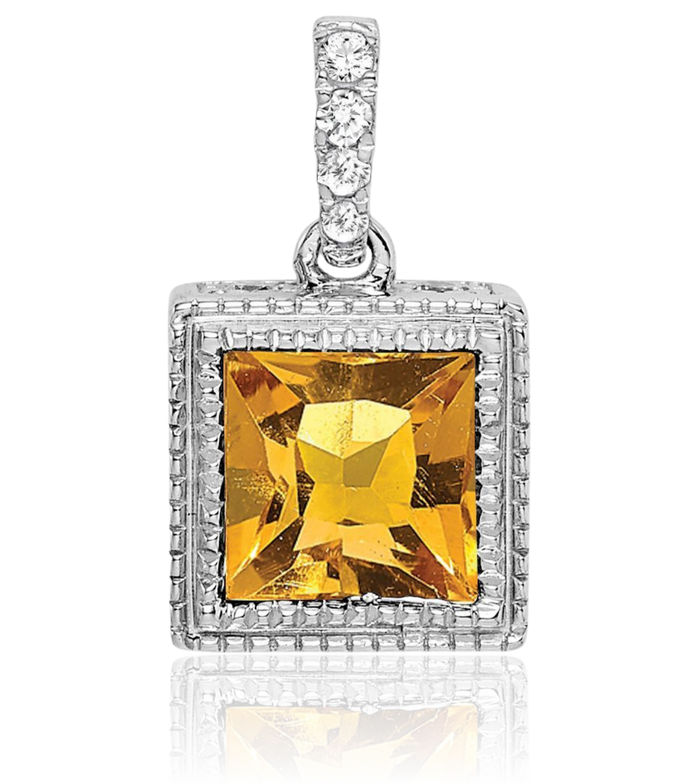 14K Solid White Gold Square Yellow Orange Citrine Diamond Necklace Charm Gemstone Pendant