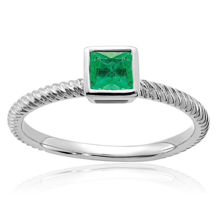 14K Solid White Gold Square Green Emerald Ring Gemstone Band May Birthstone Jewelry