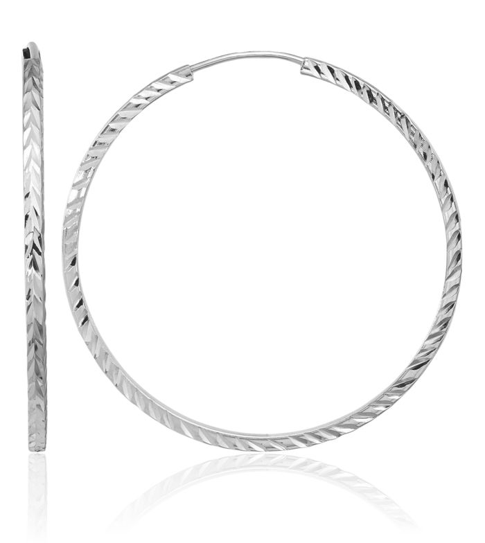 14K Solid White Gold Square Tube Endless Round Medium Hoop Earrings