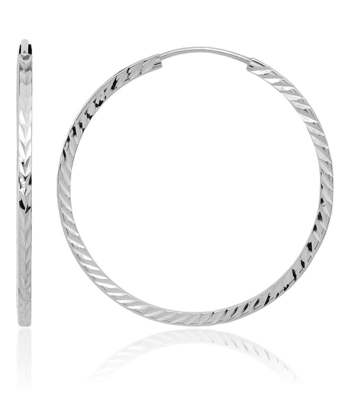 14K Solid White Gold Square Tube Endless Round Medium Hoop Earrings