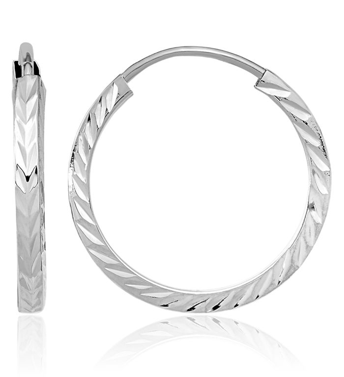 14K Solid White Gold Square Tube Endless Round Small Hoop Earrings