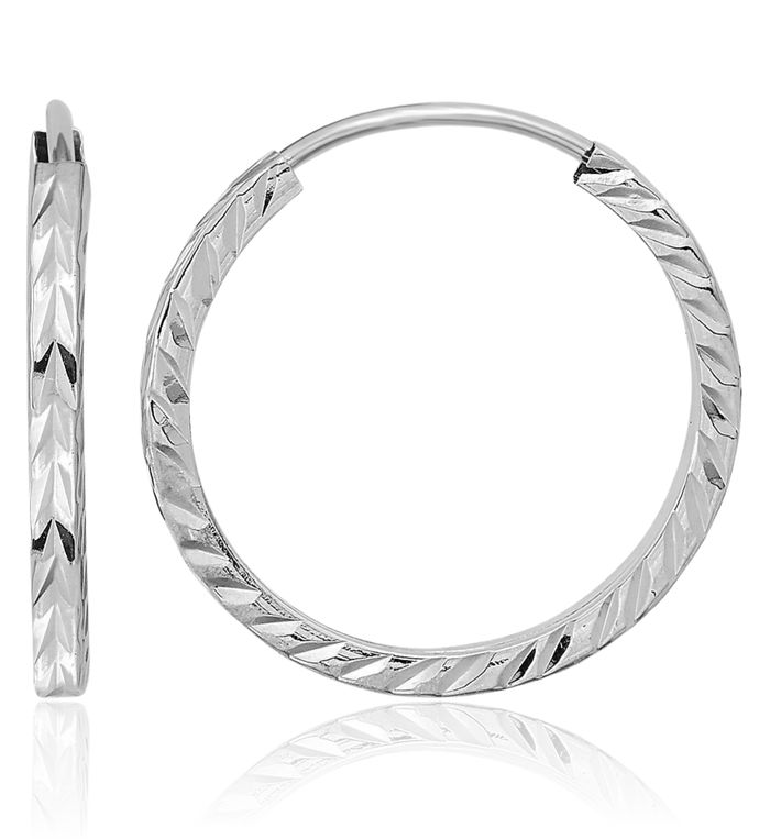 14K Solid White Gold Square Tube Endless Round Small Hoop Earrings