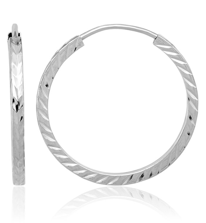 14K Solid White Gold Square Tube Endless Round Small Hoop Earrings