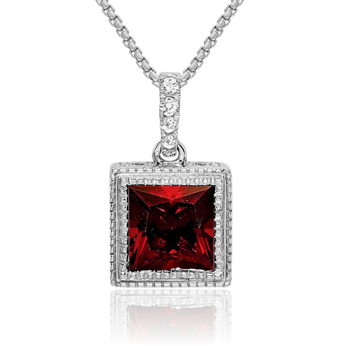 14K Solid White Gold Square Red Garnet Diamond Necklace Charm Gemstone Pendant