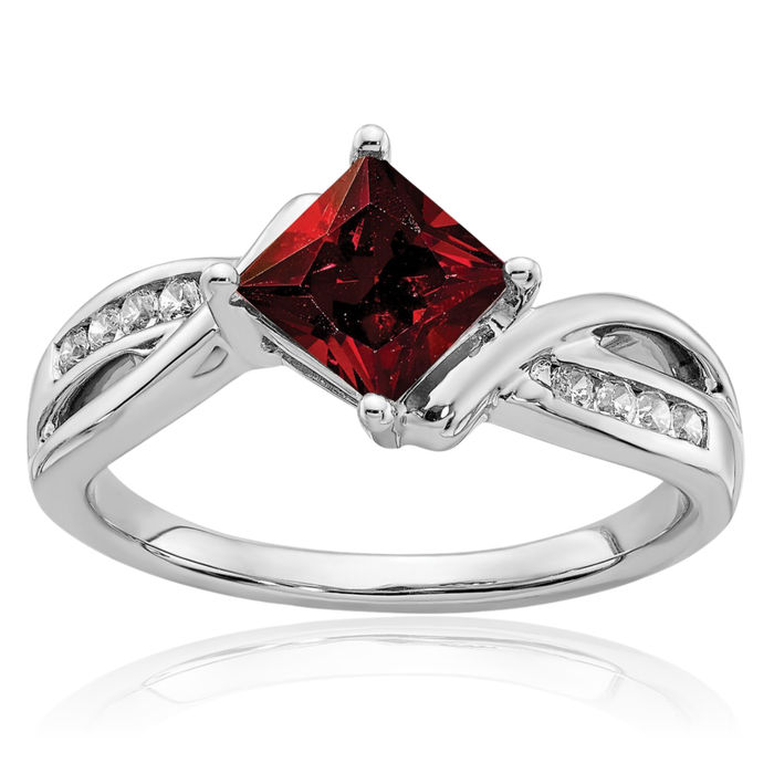 14K Solid White Gold Square Red Garnet Diamond Ring Gemstone Band January Birthstone Jewelry