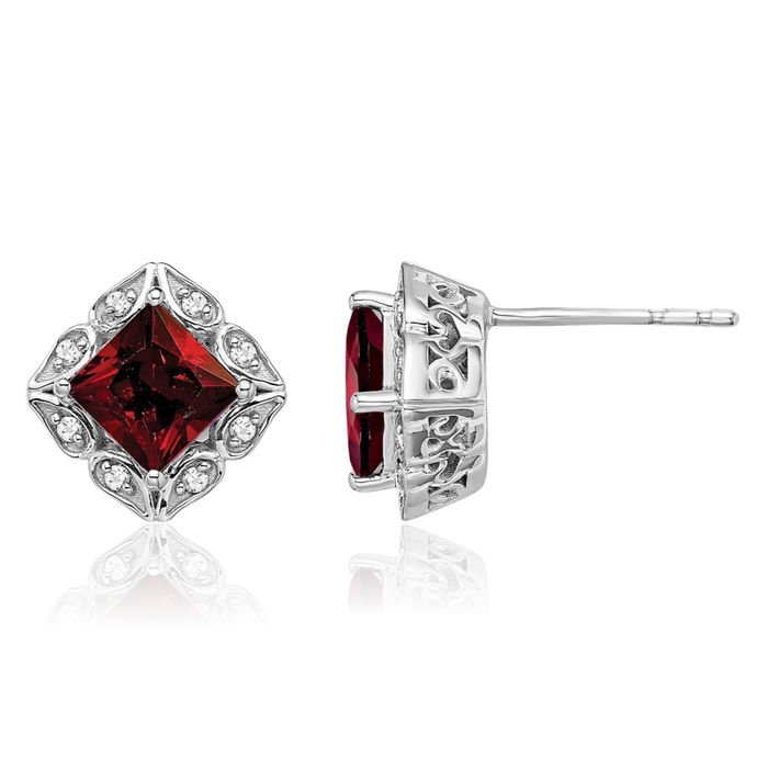 14K Solid White Gold Square Red Garnet Diamond Stud Earrings January Birthstone Jewelry