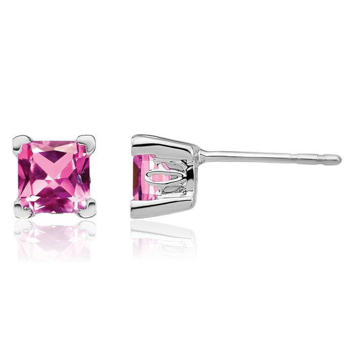 14K Solid White Gold Square Lab Pink Sapphire Studs Gemstone Earrings October Birthstone Jewelry