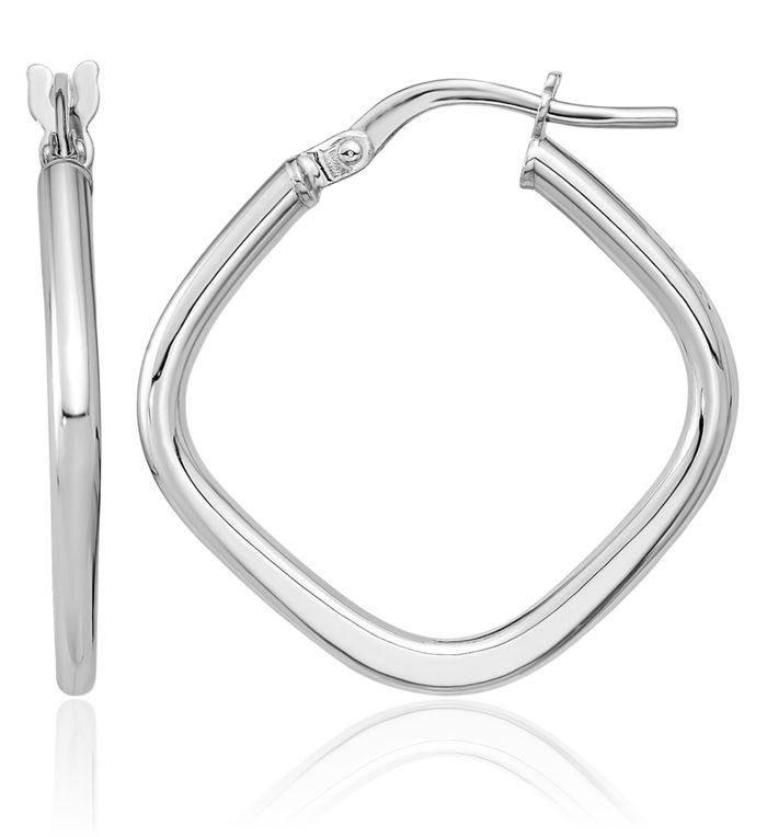 14K Solid White Gold Square Medium Hoop Earrings