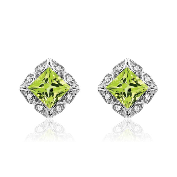 14K Solid White Gold Square Green Peridot Diamond Stud Earrings August Birthstone Jewelry