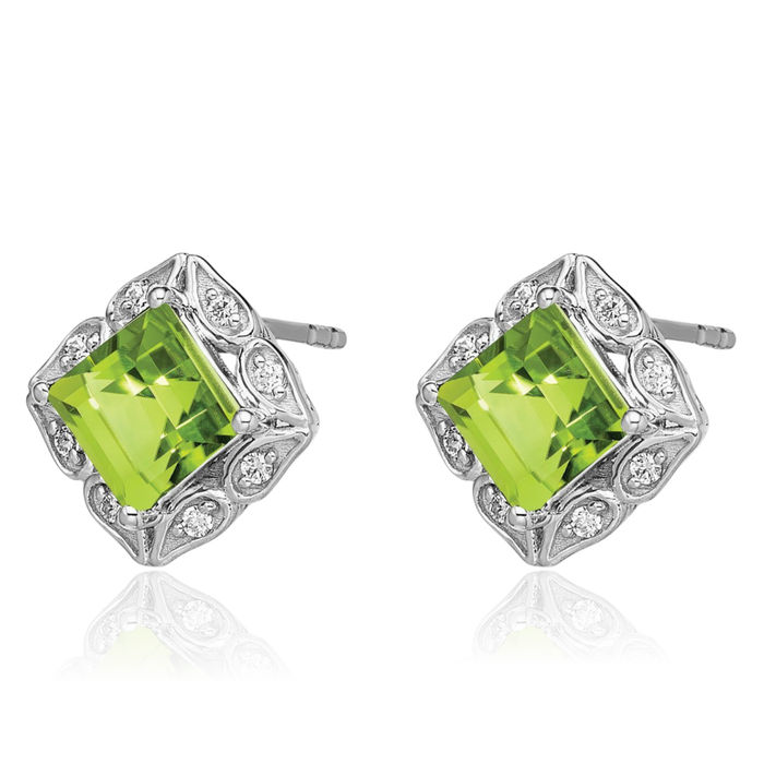 14K Solid White Gold Square Green Peridot Diamond Stud Earrings August Birthstone Jewelry