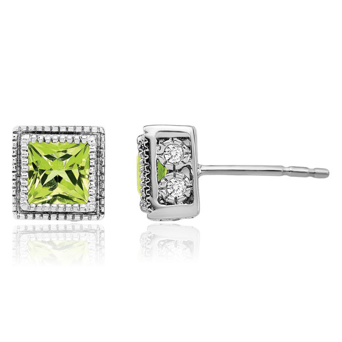 14K Solid White Gold Square Green Peridot Diamond Stud Solitaire Earrings August Birthstone Jewelry